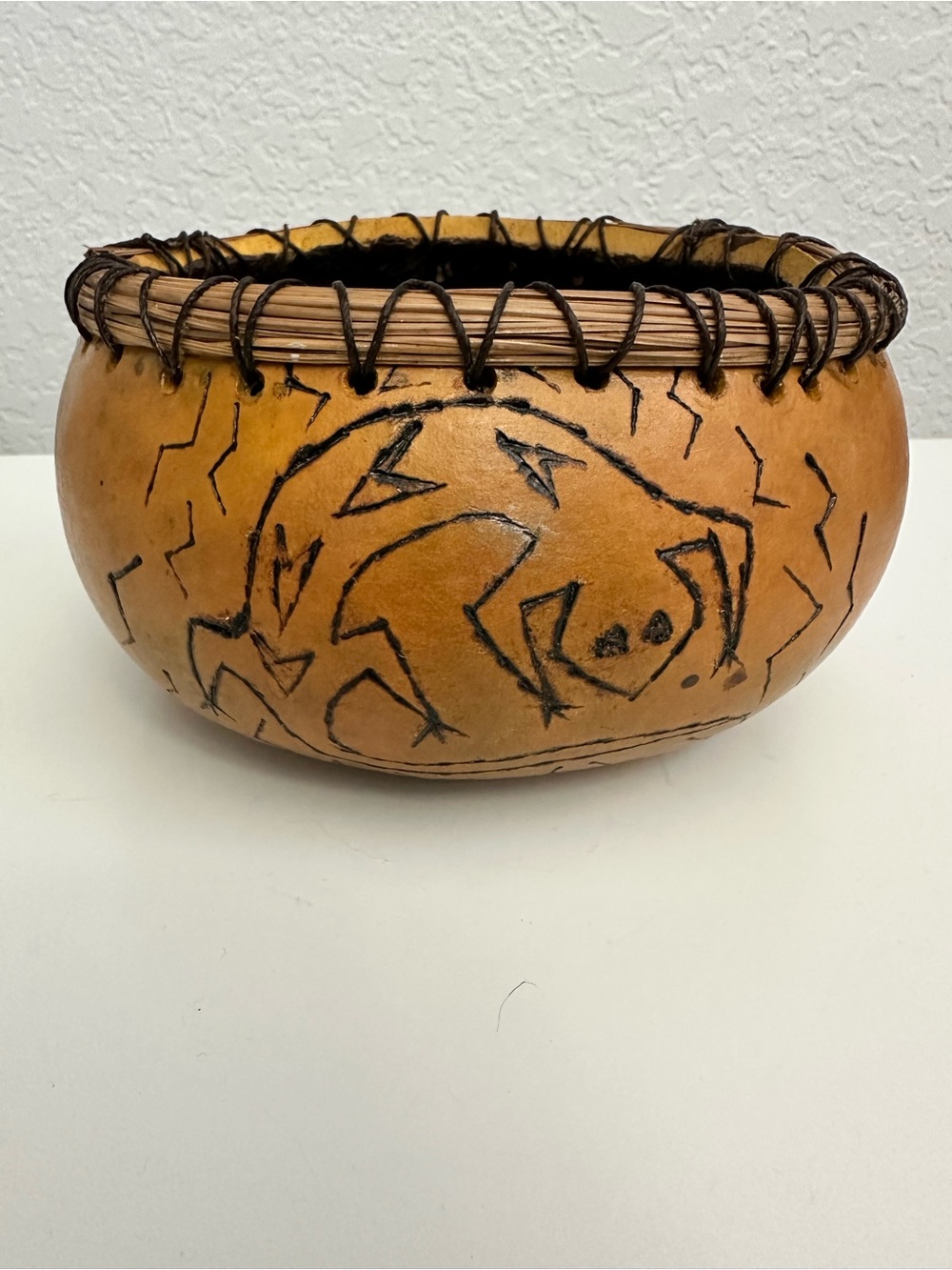 Vintage Carved Lizard Gourd Bowl with Woven Trim-6 inches diameter